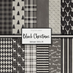 以下が含まれることがあります： 黒と白のクリスマスをテーマにした12のパターンを含むデジタルペーパーパック。パターンには、格子縞、水玉模様、ストライプ、トナカイが含まれています。