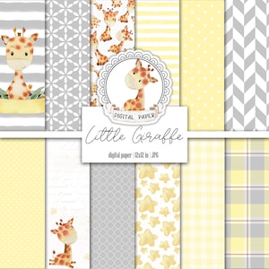 Giraffa Digital Paper Pack, Genere Neutro, Giallo Grigio Scrapbooking Basic, Diario spazzatura stampabile, Tag, Ephemera Kit, Instand Download