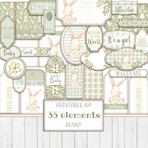 Kit de material efímero imprimible de conejito verde, diario digital, etiquetas para baby shower, etiquetas para guardería, suministros para manualidades, plantilla para álbum de recortes, PNG