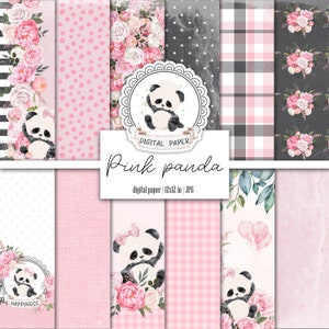 Sweet Little Baby Panda, Pastel Pink Bear, Black and white Digital Scrapbooking paper, Watercolor baby girl junk journal, Printable kit