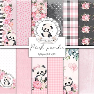 Sweet Little Baby Panda, Pastel Pink Bear, Black and white Digital Scrapbooking paper, Watercolor baby girl junk journal, Printable kit