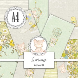 A4 Digital paper pack, Green baby teddy bear, Yellow chick, Nursery background, Flowers, Gendre Neutral, Scrapbooking, Instant download