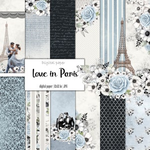 Paquete de papel digital para bodas románticas, día de San Valentín, amor por París, Torre Eiffel, flores en azul y negro, álbum de recortes para parejas, kit de efímeras