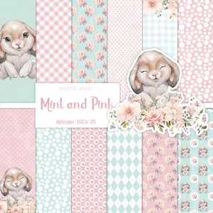 Mint Girl Bunny digitales Papier Set, Floral rosa Scrapbook Album, Blumenmuster, Printable Ephemera Kit, Junk Journal, Instant Download
