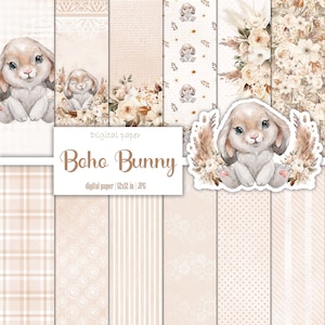 Paquete de papel digital Boho baby bunny, Género neutro, Álbum de recortes, Patrón beige, Pampas, Niña, Niño, Kit de efímera imprimible, Diario basura
