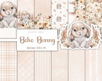 May include: Digital paper pack featuring a boho bunny theme. The pack contains 12x12 inch JPG files with a variety of patterns, including plaid, floral, polka dots, and stripes. The patterns are in shades of beige, brown, and white.