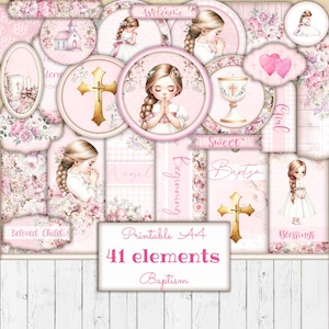 Mädchen Rosa Taufe Printable Ephemera Kit, Digital Junk Journal, Taufe Tags, Etiketten, Bastelbedarf, Scrapbook Vorlage, Heilige Kommunion