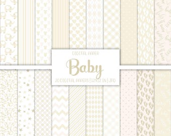 May include: A set of 20 digital papers in a cream and white color scheme with various patterns, including stars, polka dots, hearts, stripes, and footprints. The text "DIGITAL PAPER Baby 20 DIGITAL PAPERS |12X12 IN|JPG" is displayed in the center of the image.