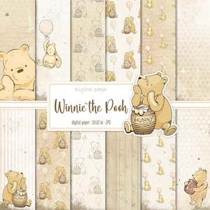 Winnie the Pooh Digital Paper Pack, Genere neutro, Album di ritagli Orso, Motivo beige, Per bambino, Per bambina, Kit effimero, Download immediato