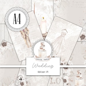 A4 Wedding Lace Digital Paper, Neutral Boho Background, Watercolor Flowers, Printable Beige Scrapbook Album, Ephemera, Instant download