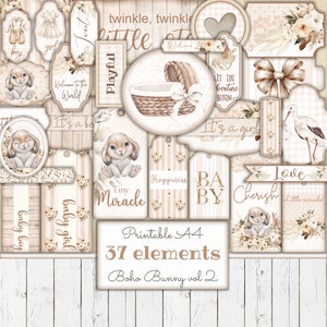 Kit éphémères imprimables bohème bébé lapin, journal numérique indésirable, étiquettes de baby shower, étiquettes de chambre d'enfant, fournitures créatives, modèle de scrapbooking, nouveau-né