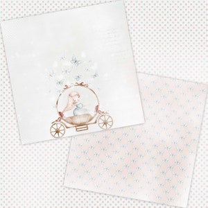 May include: A watercolor illustration of a girl in a carriage with butterflies flying around her. The carriage is brown and white with gold accents. The girl is wearing a blue dress and has long pink hair. The background is a light pink with a white polka dot pattern.