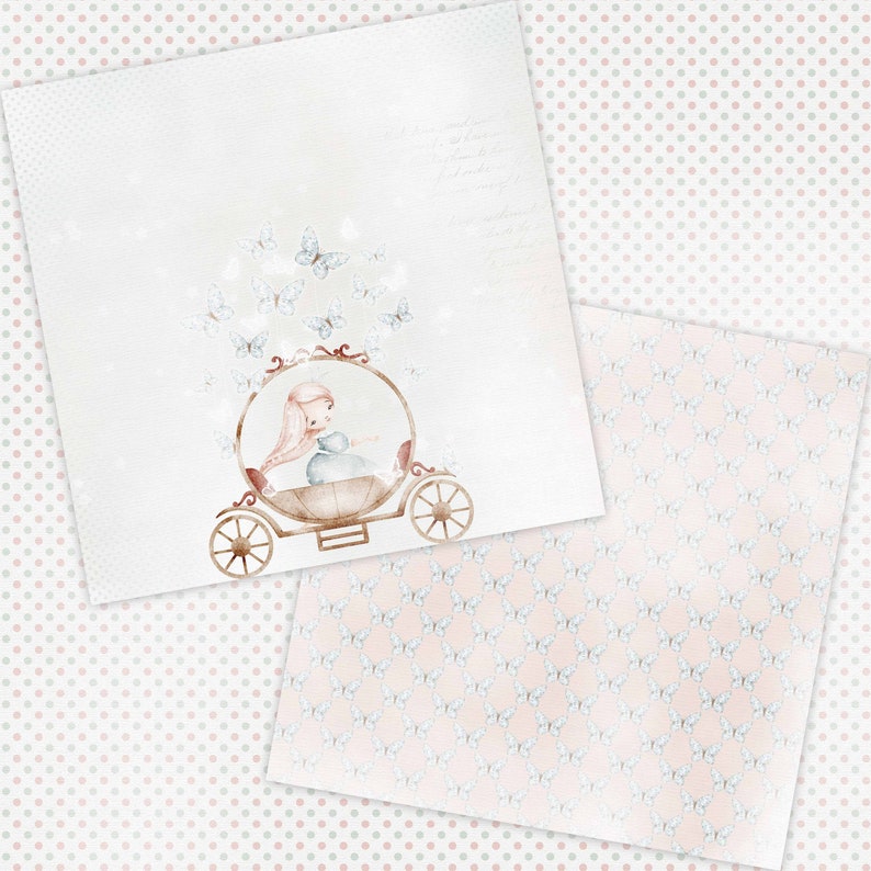 May include: A watercolor illustration of a girl in a carriage with butterflies flying around her. The carriage is brown and white with gold accents. The girl is wearing a blue dress and has long pink hair. The background is a light pink with a white polka dot pattern.