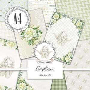 A4 Taufe Engel digitales Papier Pack, Gendre neutral Taufe, Scrapbook Album, Grüne Blumen Muster, Für Junge, Für Mädchen, Sofort download