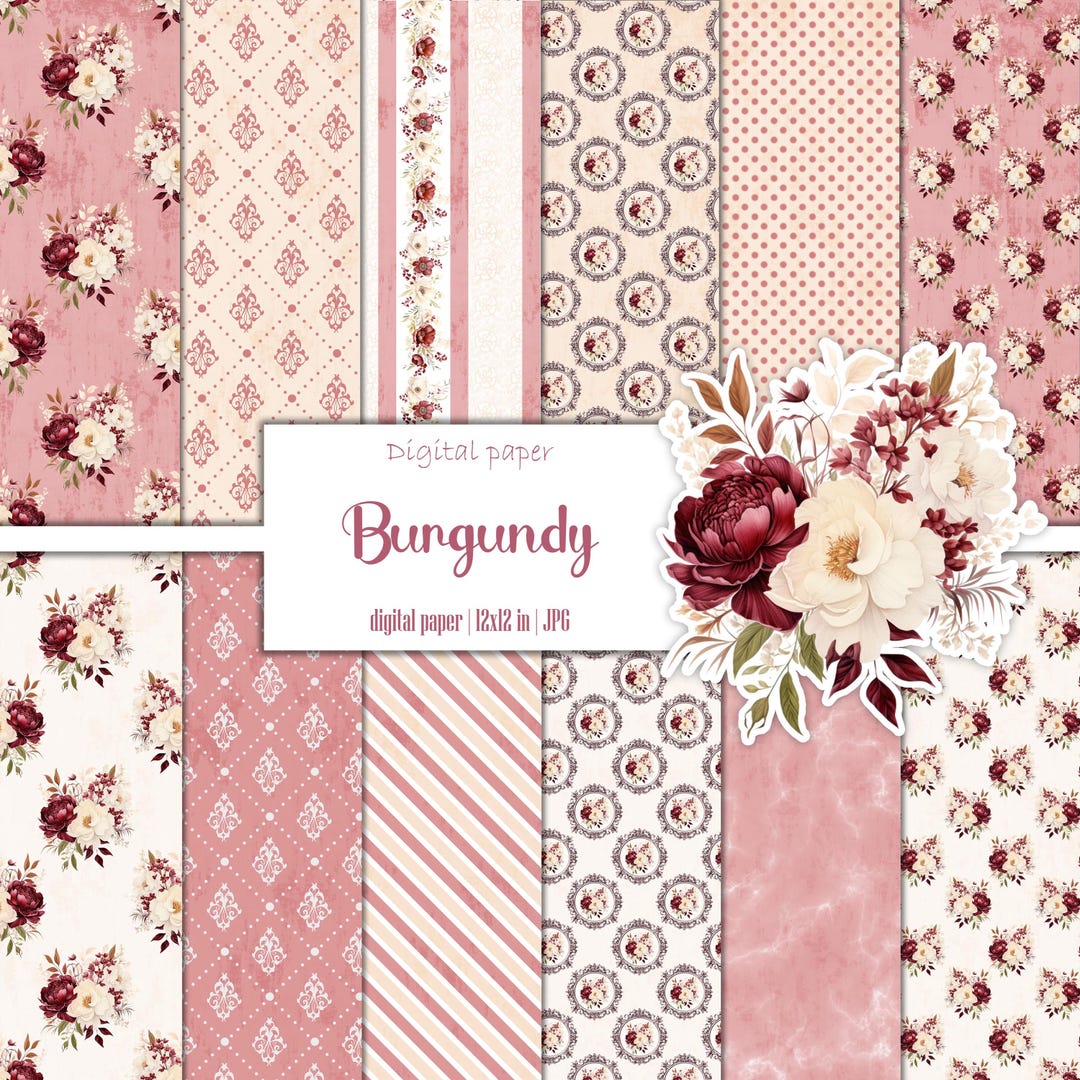 Burgundy Flower Digital Paper Pack, Blush Floral Pattern, Scrapbooking ...