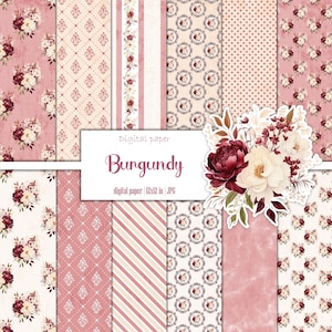 Burgundy Flower Digital Paper Pack, Blush Floral Pattern, Scrapbooking, Watercolor Junk Journal Printable Ephemera Kit, Instant download