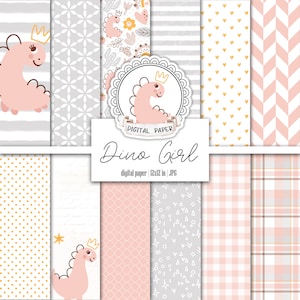 Puede incluir: Un conjunto de 10 papeles digitales con un dinosaurio rosa con corona, en varios patrones que incluyen rayas, lunares, corazones y diseños geométricos. Los papeles son de 30,5 x 30,5 cm y están en formato JPG.