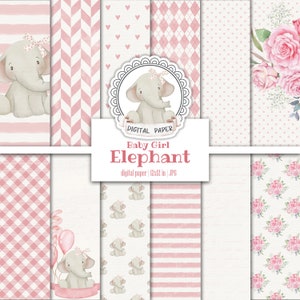 Roze babymeisje olifant digitaal papierpakket, pasgeboren bloemenplakboekalbum, bloemkwekerijpatroon, afdrukbaar junkjournaal, instant download