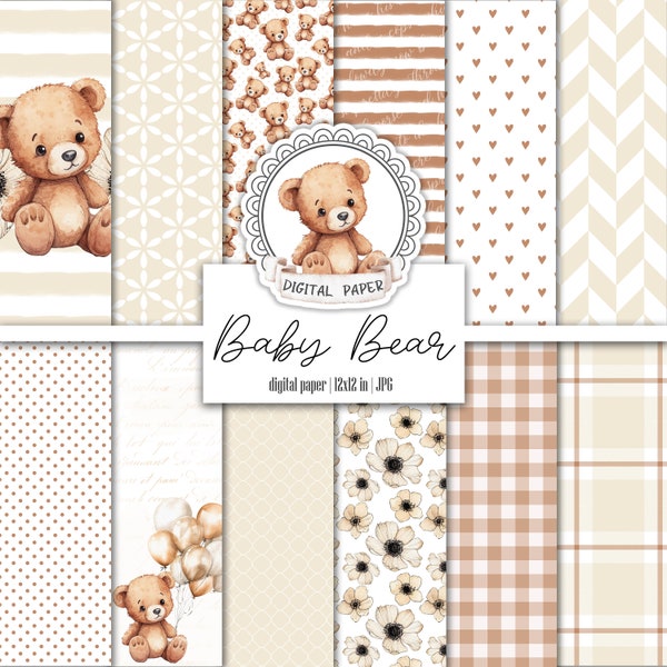 Baby Boho Bear Digital Paper Pack, Bear Pattern, Brown Scrapbooking Basic Paper, Gendre Neutral Printable Junk Journal, Tags, Ephemera Kit