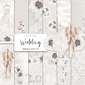 Wedding digital paper, Beige Boho Wedding background, Flowers and lace wedding printable paper, Instant download