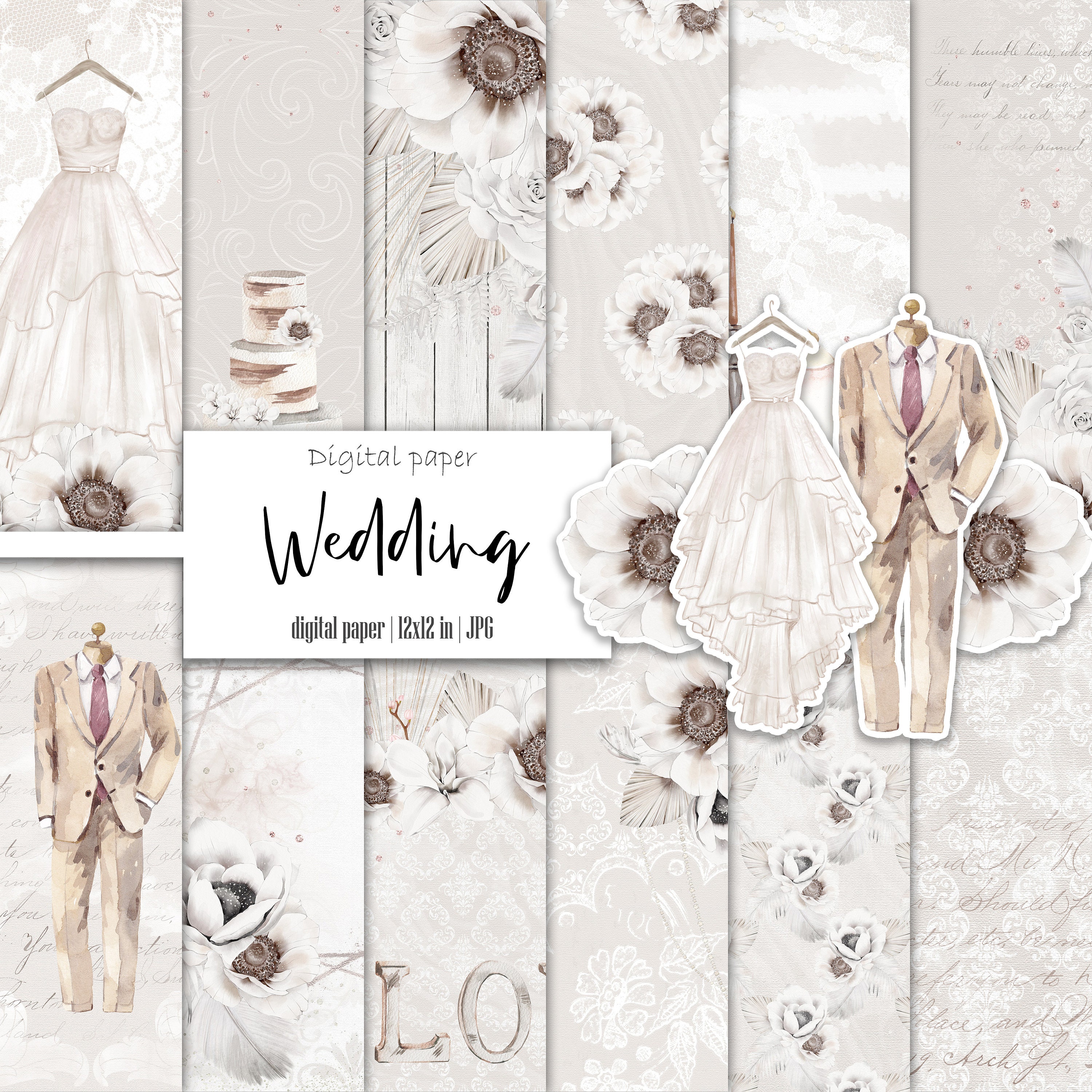 Wedding Digital Paper Pack, Vintage Wedding Scrapbook Paper Printable  Backgrounds Ivory Wedding Roses Powder Blue Pale Pink Lace Linen Gold 