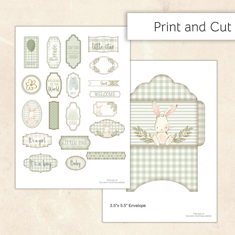 Baby Bunny Green Printable Ephemera Kit, Digital Junk Journal, Baby ...