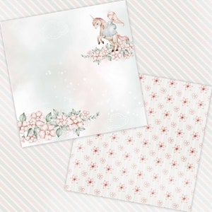 May include: A digital paper pack with a watercolor illustration of a unicorn and a girl riding it. The background is a soft pink and blue gradient with white stars. The paper pack also includes a pattern of pink flowers on a white background.
