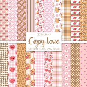 May include: A collection of 20 digital papers with various patterns, including hearts, flowers, and plaid, in shades of pink, brown, and white. The text "Capy love" is displayed on a white background, along with the dimensions 12x12 inches.