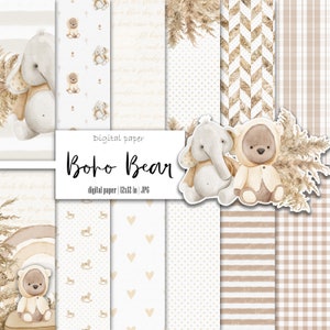 Paquete de papel digital de osito de bebé boho, género neutro, álbum de recortes, patrón beige, para niño, para niña, fondo de guardería, descarga instantánea