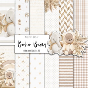 Boho baby bear digital paper pack,  Gendre neutral, Scrapbook album, Beige pattern, For boy, For girl, Nursery background, Instant download