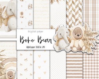 Boho baby bear digital paper pack,  Gendre neutral, Scrapbook album, Beige pattern, For boy, For girl, Nursery background, Instant download