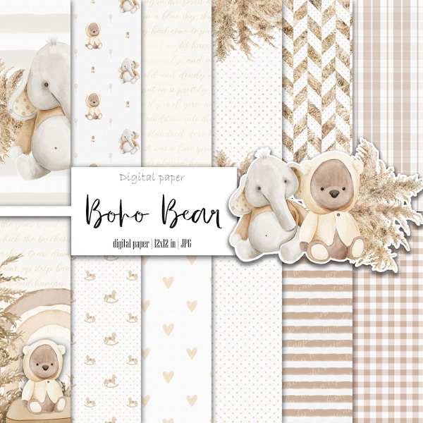 Boho baby bear digital paper pack,  Gendre neutral, Scrapbook album, Beige pattern, For boy, For girl, Nursery background, Instant download
