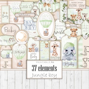 Kit éphémères imprimables jungle bébé garçon, journal numérique indésirable, étiquettes pour baby shower, étiquettes pour chambre d'enfant, fournitures créatives, modèle d'album, téléchargement