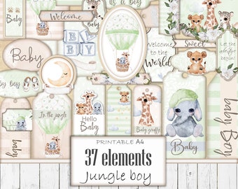 Jungle Baby Boy Printable Ephemera Kit, Digital Junk Journal, Baby Shower Tags, Étiquettes de pépinière, Fournitures d’artisanat, Modèle de scrapbooking, Télécharger