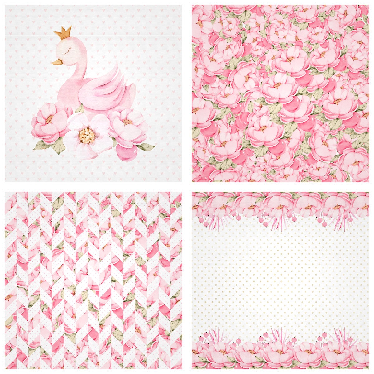 Pastel Pink Digital Paper Pack 12x12, Princess Swan Scrapbook Set ...