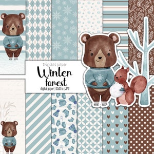 Könnte beinhalten: Digitales Papierpaket mit Winterwald-Thema. Das Paket enthält 12x12 Zoll JPG-Dateien mit verschiedenen Mustern mit Bären, Eichhörnchen, Schneeflocken und winterlichen Designs in Blau, Braun und Weiß.