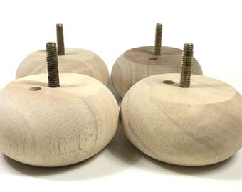 Set of 4 Bun Feet 1.89&quot; Tall x 3.75&quot; and 2.36&quot; Tall x 4.5&quot; Diam. Sofa Legs with Std. 5/16&quot; Hanger Bolts Protruding 1&quot;  or Countersunk Holes
