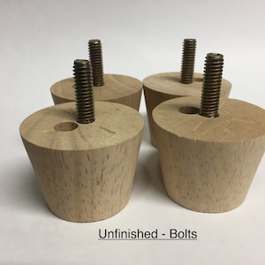 Set of 4 Mid Century Tapered Style Wood Leg 1-1/2" tall x 2" Diameter Sofa Leg with 5/16" Bolts Protruding 1" or Countersunk Hole