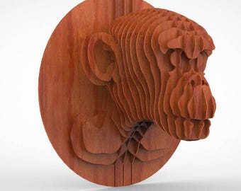 Trophy of a monkey's head 3D puzzle ,CNC ,decoration,decorative ,head ,interior,dxf file ,toy ,trophy ,wall ,wood, vector graphic,laser