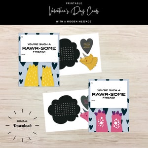 Printable Valentine's Day Cards Dinosaur themed Valentines Digital Download Valentine Cards Valentine Activity image 1