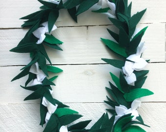 White Flower Felt Lei, Lei for Kids, Lei for women, Flower and Leaf lei, Hawaiian Lei, Tropical themed party, Mother's Day Gift, Luau Gift