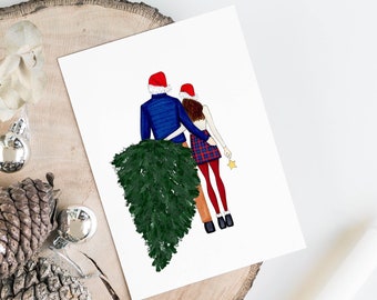 DIGITAL DOWNLOAD Couples Christmas Greeting card, BRUNETTE, christmas art, fashion illustration, sketch