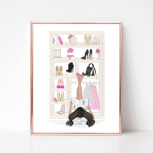 Pinker Modeschrank Kunstdruck Garderobe Wanddeko, Haar & Hautton verfügbar, Mode Illustration Druck, Chanel, Vogue Skizze