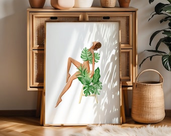 Monstera Art Print, Tropical Woman, Boho Chic Decor