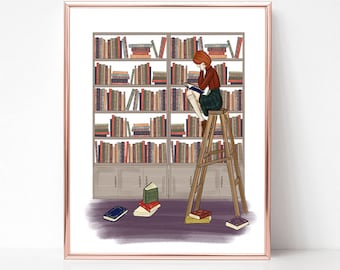 Top Shelf Bookworm art print, Hair Options Available, Fashion illustration print, art print, sketch, croquis, book worm,