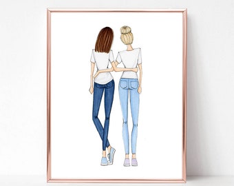 Tshirts and Denim Duo! mix and match hair color, fashion illustration print, art print, sketch, croquis