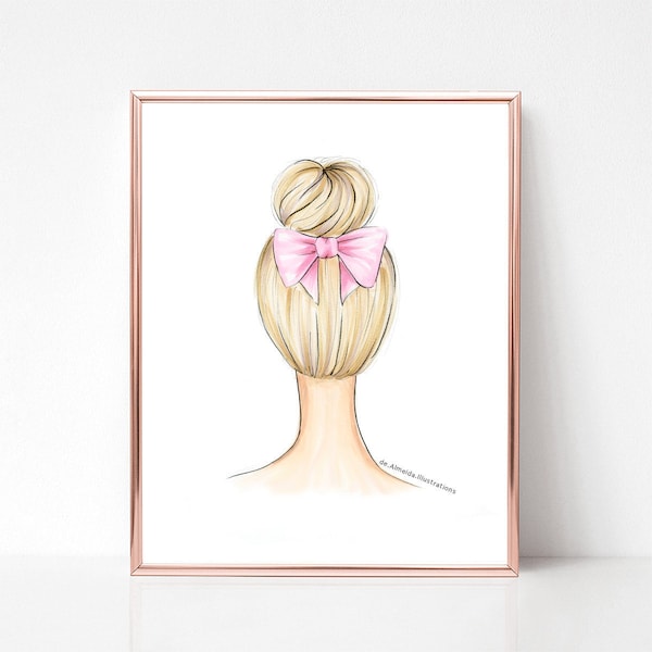 Ballerina bow hair fashion art print, blond, fashion illustration, drawing sketch