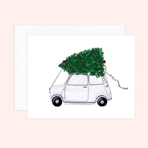 Biglietto d'auguri con albero di Natale Mini Cooper d'epoca, biglietto di auguri semplice, biglietto vuoto