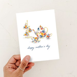 Carte de fête des mères heureuse, carte de tasses de thé pour maman, ensemble d'amant de thé, carte pour maman