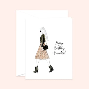 Tarjeta de cumpleaños de moda, hermosa tarjeta de feliz cumpleaños (ilustración de moda), tarjeta de felicitación de cumpleaños para niña